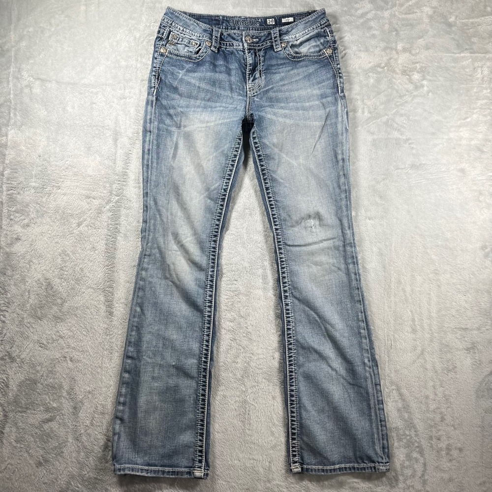 Miss Me Cross Pocket Crystal Jewel Boot Cut Jeans Light Wash Denim Womens Size29